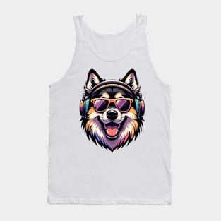 Norwegian Elkhound as Smiling DJ with Headphones and Sunglasses Tank Top